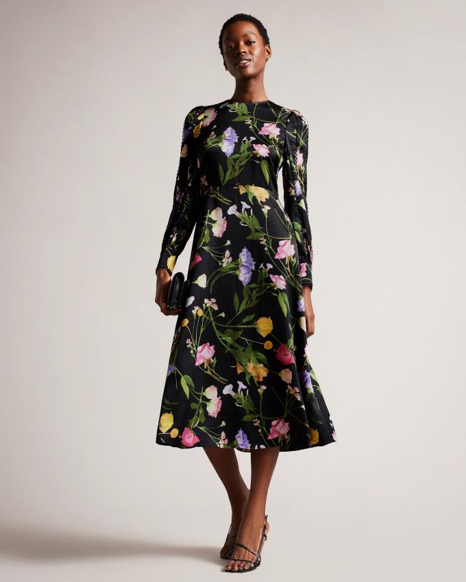 Peignoir Ted Baker Blouson Sleeve Floral Midi Noir Femme | BSU-15310617